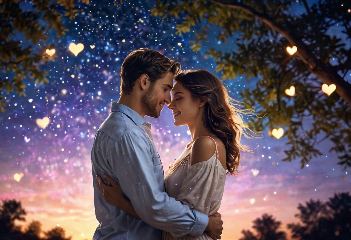 A romantic scene featuring a couple embracing under a starlit sky, surrounded by glowing hearts and soft, ethereal light. Include elements of whispers and gestures that symbolize affection, desire, and intimacy, like gentle touches and intimate smiles. The background should have soft blurred colors that evoke warmth and romance, hinting at a magical atmosphere. super-realistic. vibrant colors. dreamy ambiance.