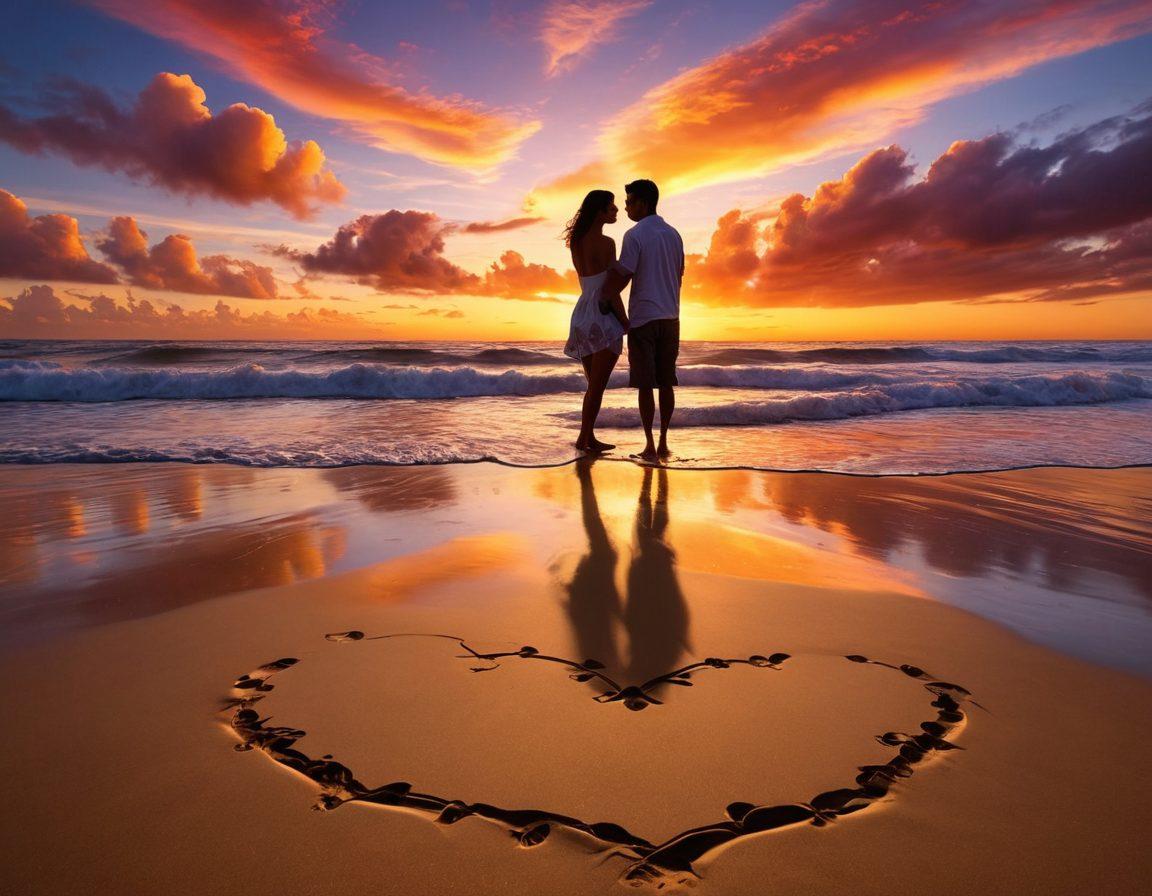 A romantic sunset scene where two silhouetted figures are sharing a joyful moment on a beach, symbolizing the journey from casual flirting to lasting love. Heart-shaped clouds float in the vibrant sky, and footprints in the sand depict their shared path. Soft waves lap at their feet, creating a serene atmosphere. super-realistic. vibrant colors. romantic theme.