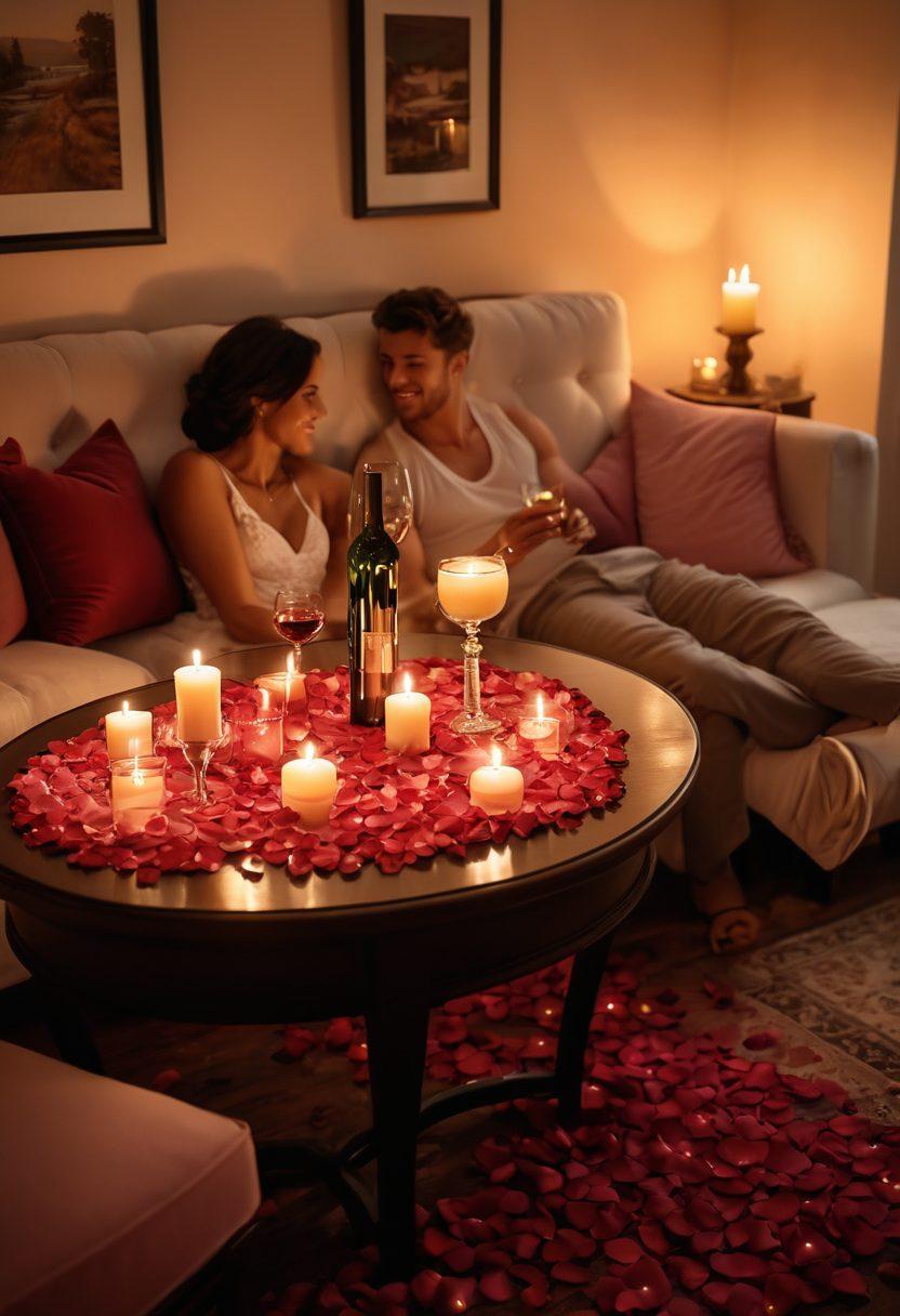 A warm and inviting scene of a cozy candlelit room, where a couple sits close together on a plush sofa, smiling and gazing into each other's eyes. Soft, romantic decor surrounds them, with rose petals scattered on a low table featuring a bottle of wine and two glasses. A gentle glow from candles creates an intimate atmosphere, enhancing the feeling of desire and connection. Soft, dreamy colors enhance the romance. super-realistic. vibrant colors. warm lighting.